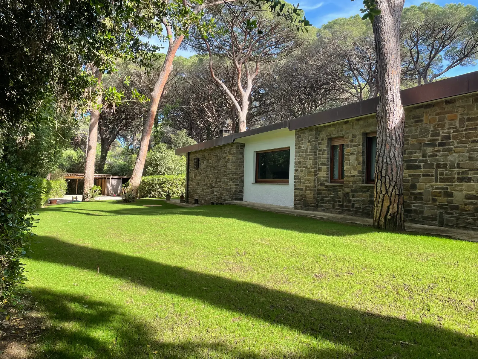 Vista frontale della villa con prato